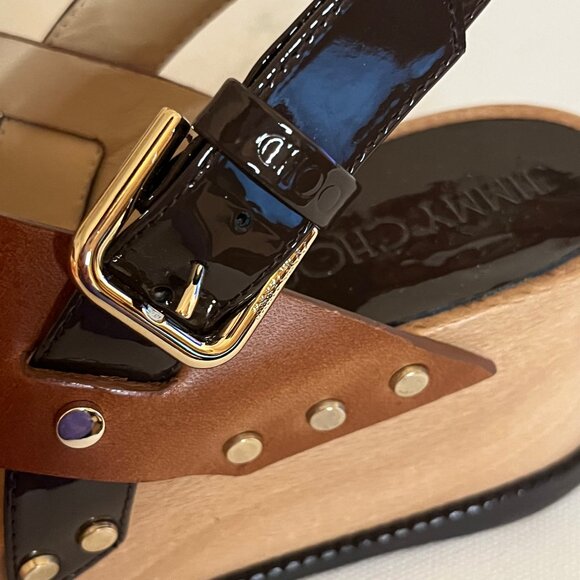 Jimmy Choo 2-Tone Brown Leather, Wood & Patent Leather Wedge Stud Sandals Size 5 main image 7
